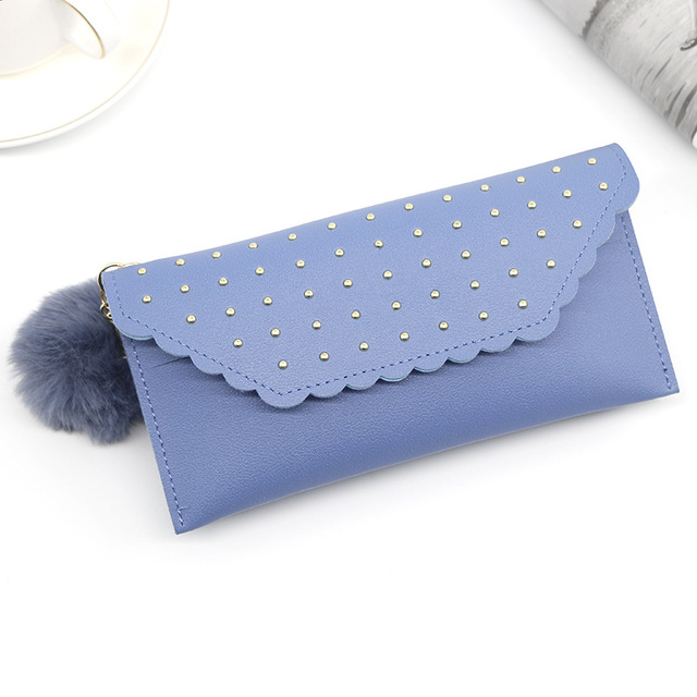 Wallet For Women New Retro Rivet Hasp Long Ladies Wallet Card Purse PU Leather Wallet With Fur Ball Ornaments Phone Bag
