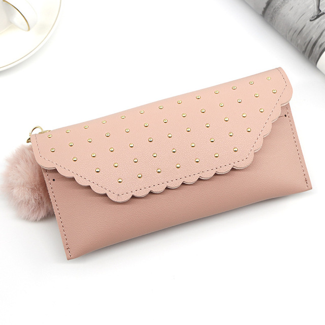 Wallet For Women New Retro Rivet Hasp Long Ladies Wallet Card Purse PU Leather Wallet With Fur Ball Ornaments Phone Bag