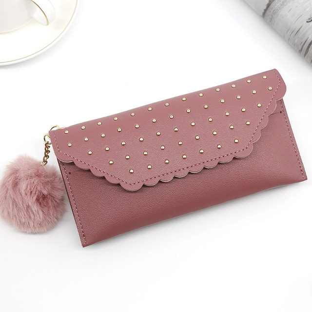 Wallet For Women New Retro Rivet Hasp Long Ladies Wallet Card Purse PU Leather Wallet With Fur Ball Ornaments Phone Bag