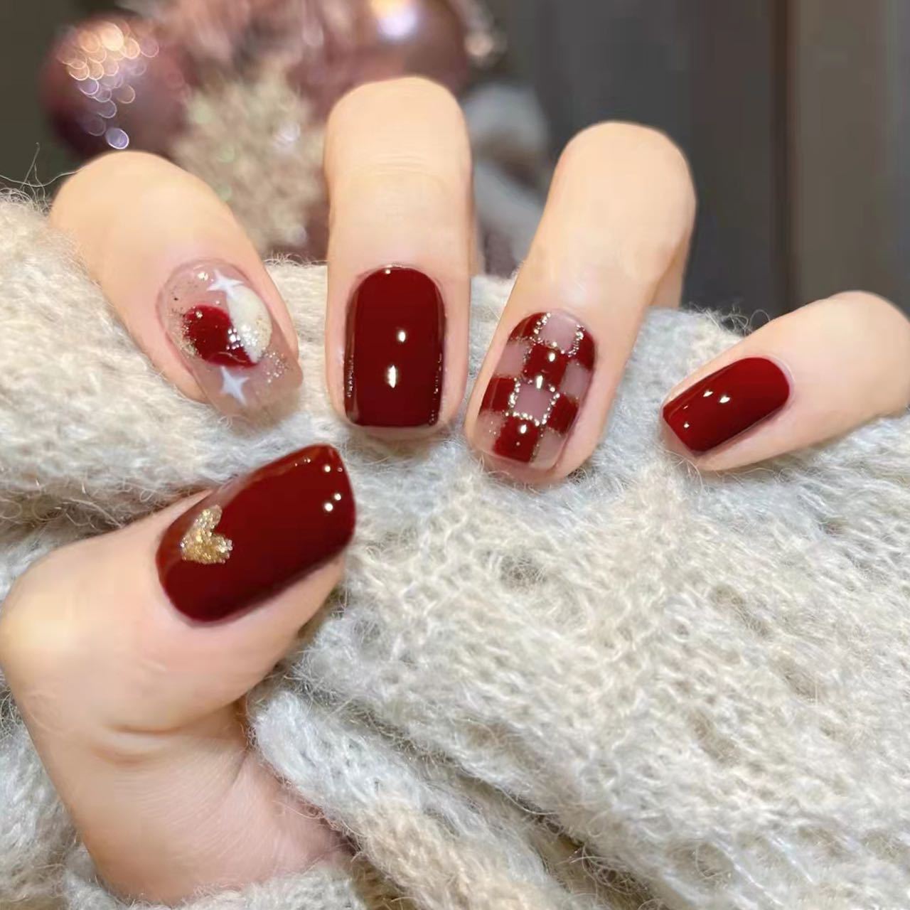 Wearing a removable nail piece wine red sweetheart short checkerboard love manicure nail sticker nail sticker