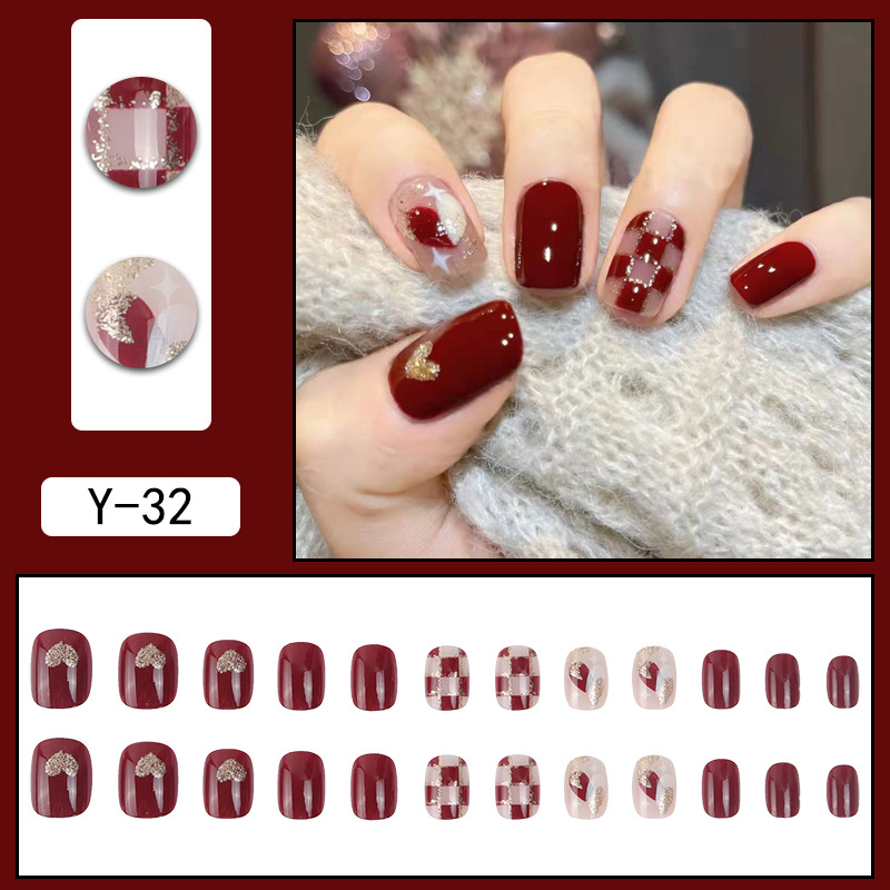 Wearing a removable nail piece wine red sweetheart short checkerboard love manicure nail sticker nail sticker