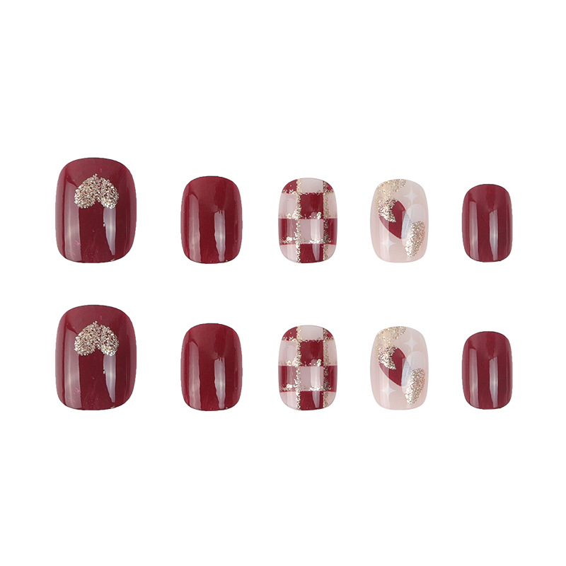 Wearing a removable nail piece wine red sweetheart short checkerboard love manicure nail sticker nail sticker