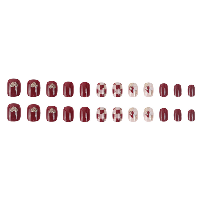 Wearing a removable nail piece wine red sweetheart short checkerboard love manicure nail sticker nail sticker