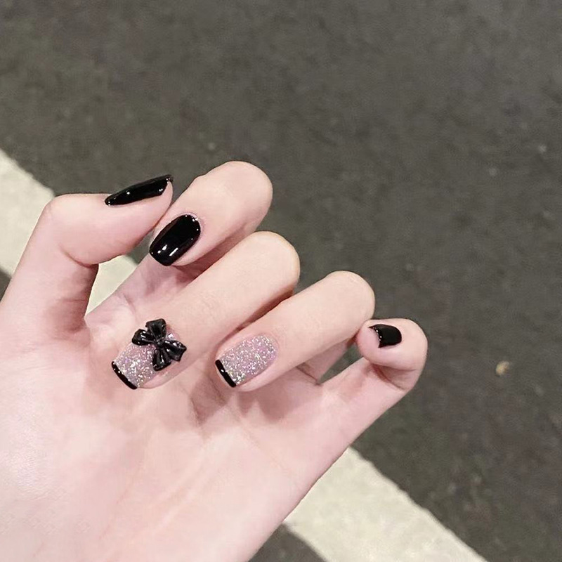 Black Nail Patch Fake Nails Seamless Black Bow Ribbon Wearing Nails