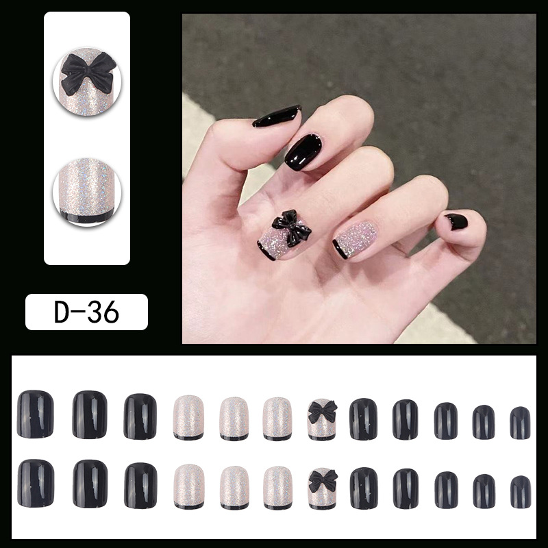 Black Nail Patch Fake Nails Seamless Black Bow Ribbon Wearing Nails