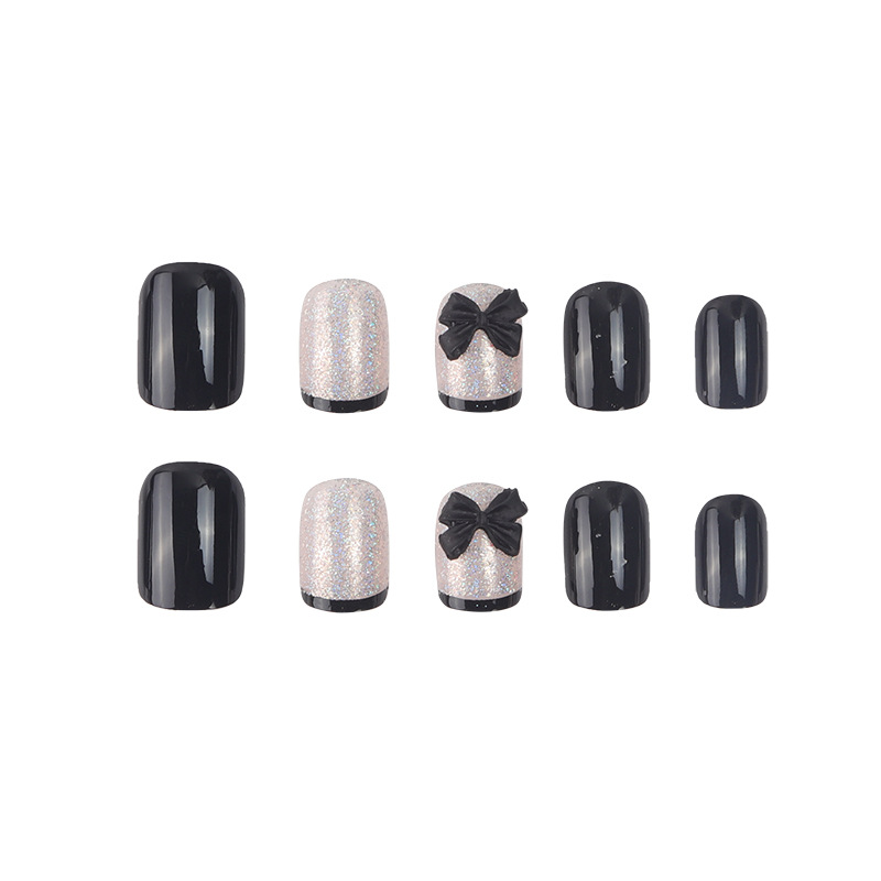 Black Nail Patch Fake Nails Seamless Black Bow Ribbon Wearing Nails