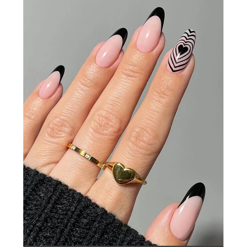 Psychedelic black love water drop nail black edge French nail European and American hot selling wear manicure almond nail