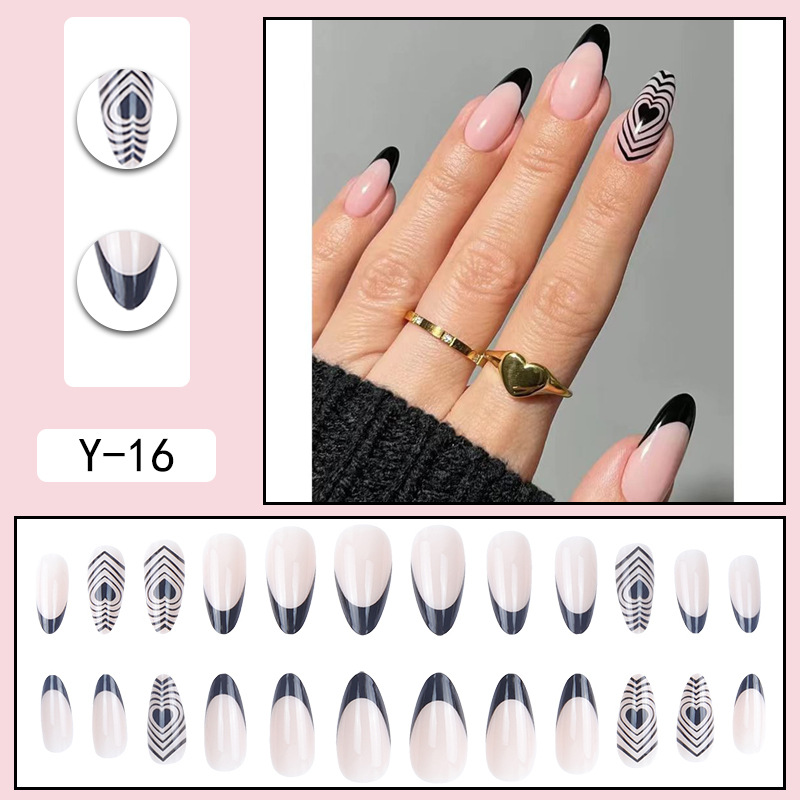 Psychedelic black love water drop nail black edge French nail European and American hot selling wear manicure almond nail