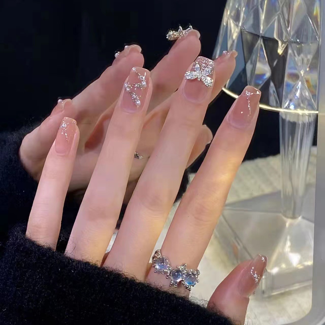 Fake nail manicure finished product removable temperament high-end light luxury bow streamer wearing manicure nail piece nail sticker