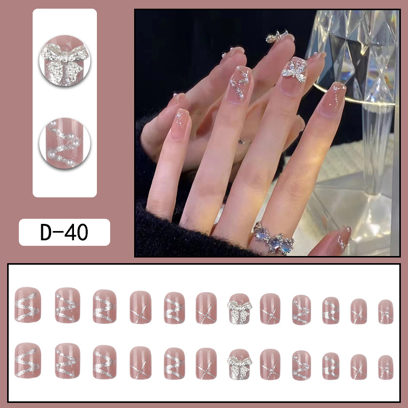 Fake nail manicure finished product removable temperament high-end light luxury bow streamer wearing manicure nail piece nail sticker