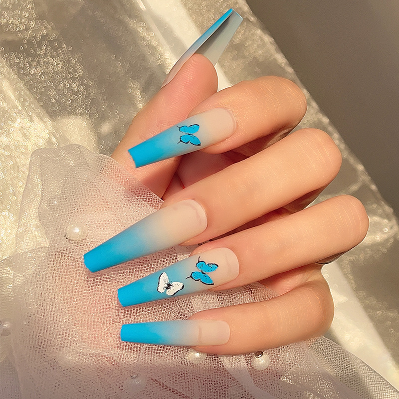 Blue Butterfly Scrub Matte Long Ballet Boxed Finished Wearing Nail Art Patch Fake Nails