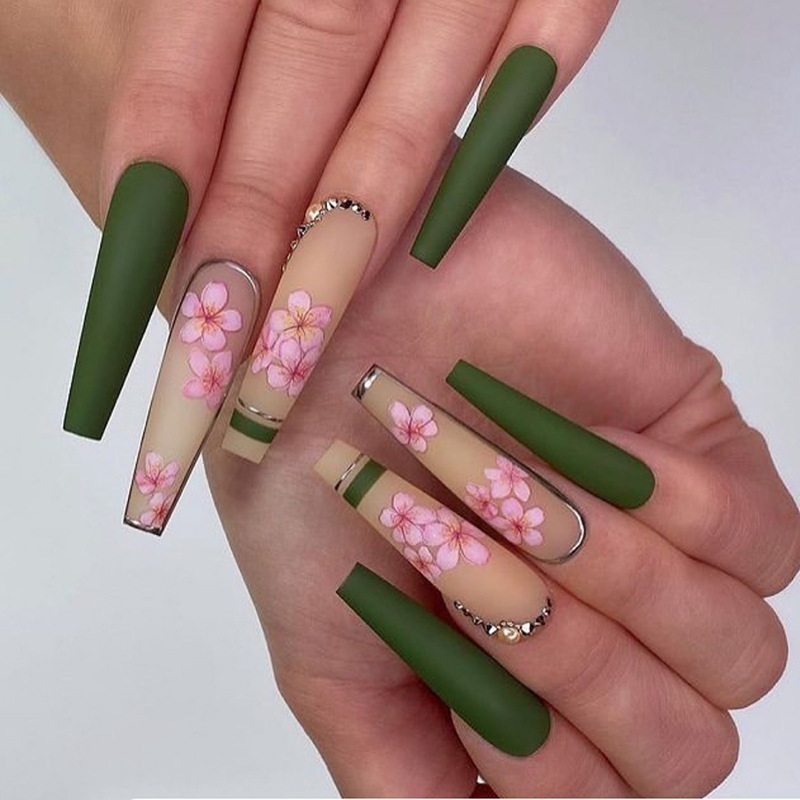 2022 new manicure spring flowers blooming point drill manicure ins style long ballet manicure fake nails