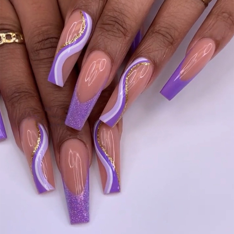Purple Fake Nails Wearing Nail Art French Geometric Lines Aurora Bright Nail Patches