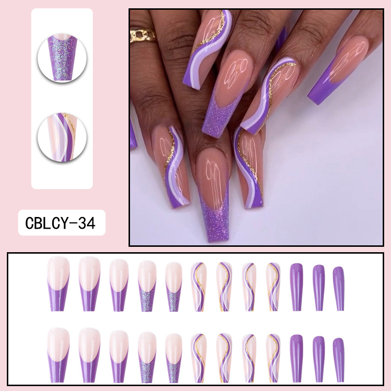 Purple Fake Nails Wearing Nail Art French Geometric Lines Aurora Bright Nail Patches