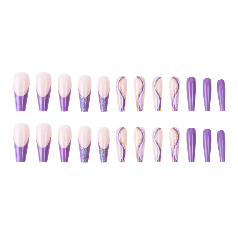 Purple Fake Nails Wearing Nail Art French Geometric Lines Aurora Bright Nail Patches