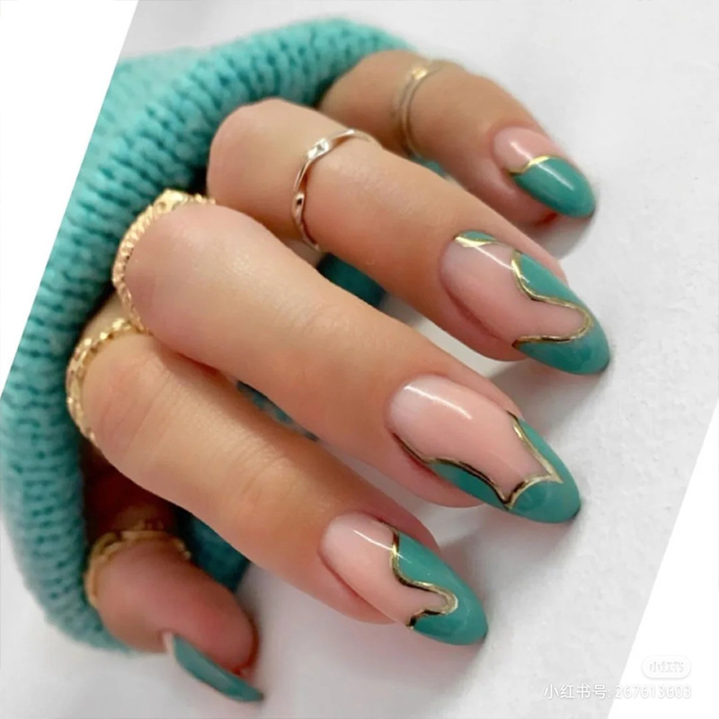 Oval head fake nails mint green gold line wave stitching wear nails finished nails