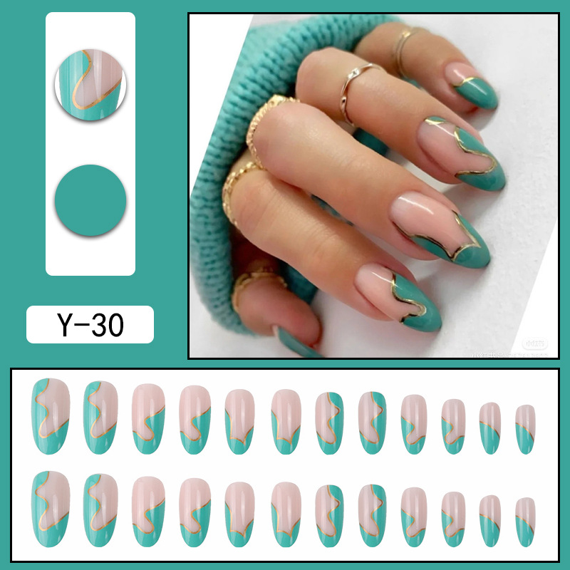 Oval head fake nails mint green gold line wave stitching wear nails finished nails