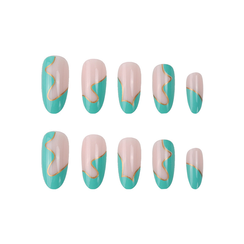 Oval head fake nails mint green gold line wave stitching wear nails finished nails