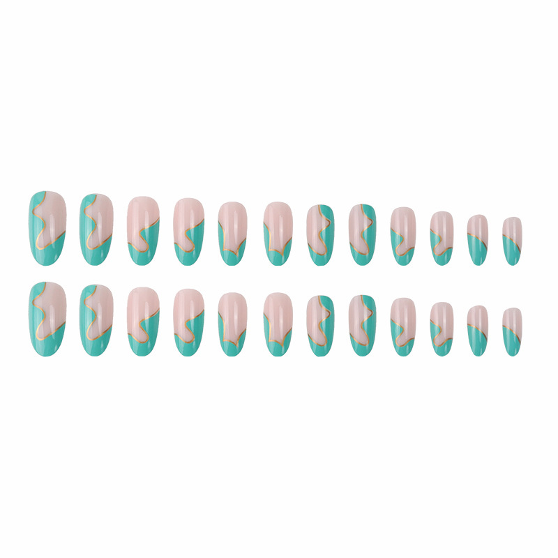 Oval head fake nails mint green gold line wave stitching wear nails finished nails