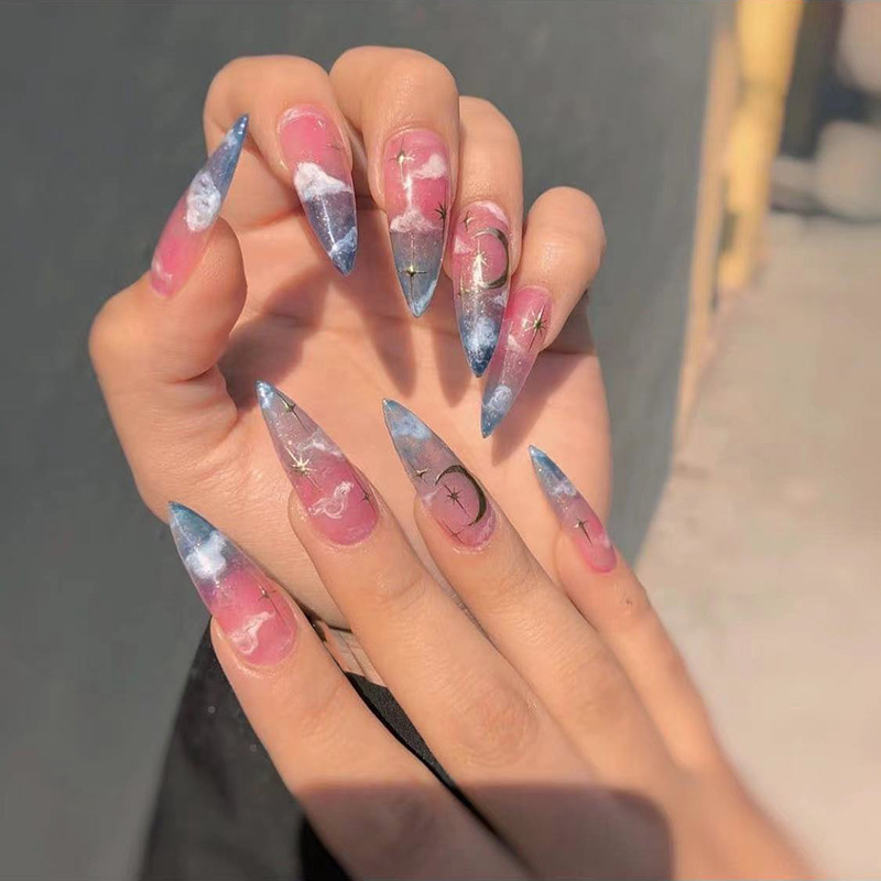 Fake Nails Stars Moon Long Pointed Wearing Nail Gradient Nail Art
