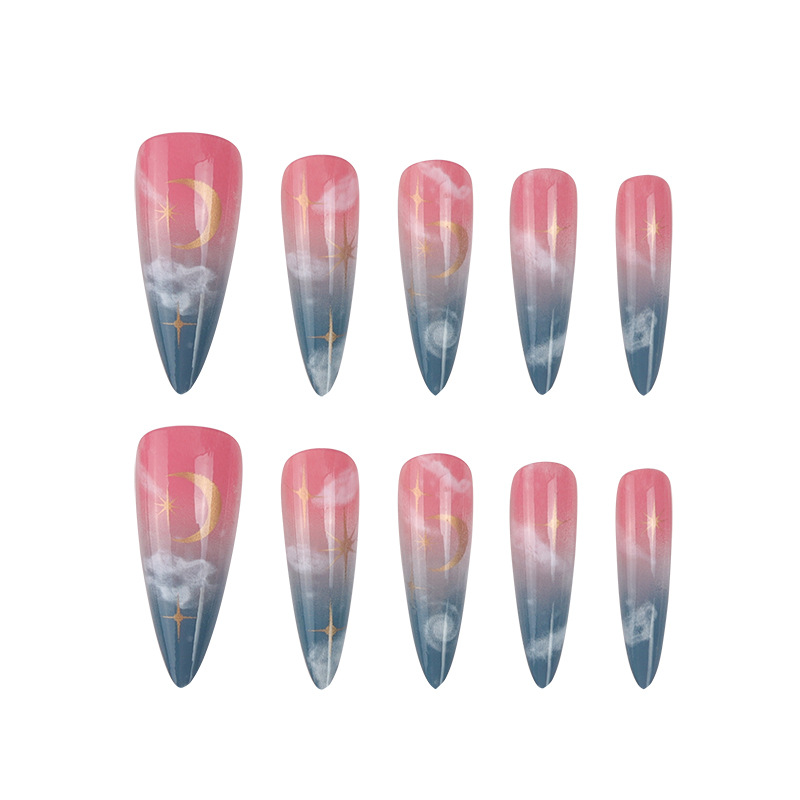 Fake Nails Stars Moon Long Pointed Wearing Nail Gradient Nail Art