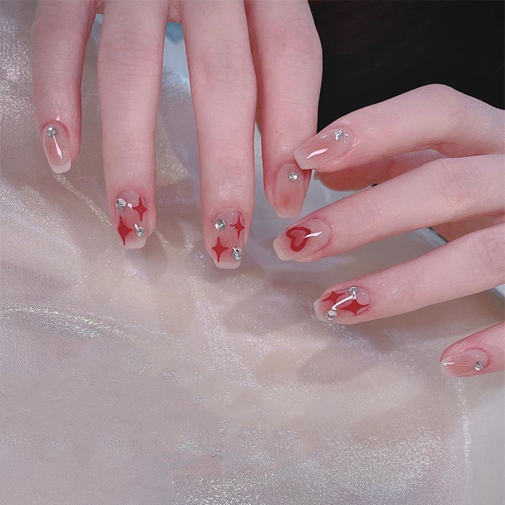 Fake Nails Short Ballet Heart Diamond Nail Art Patch Pink Star Wearing Nail Art
