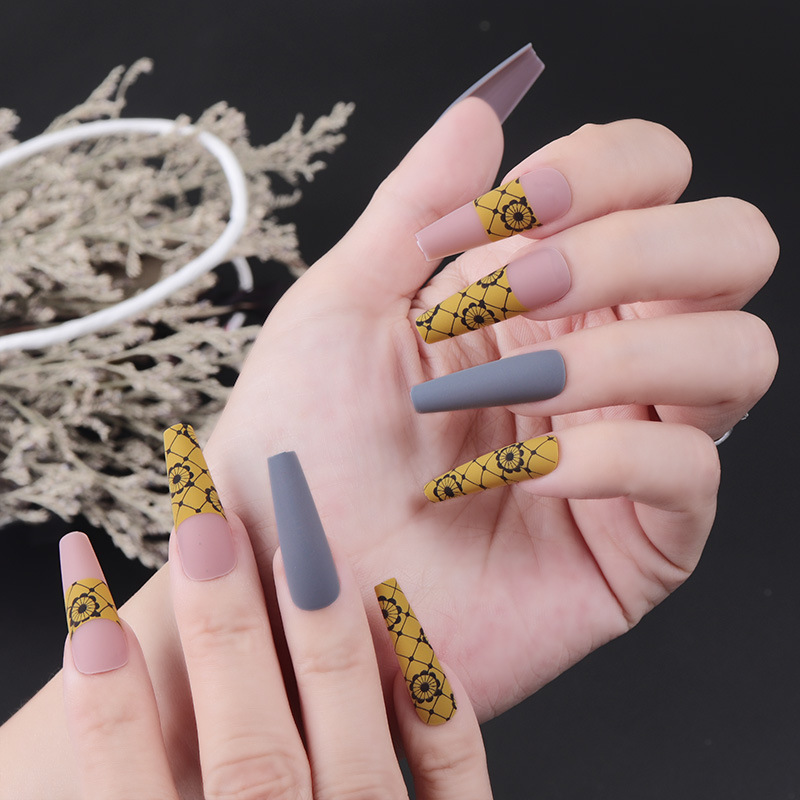 Ins style manicure hit color long ballet nail gray yellow flower wear nail scrub finished fake nails
