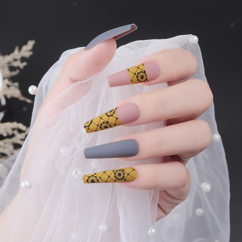 Ins style manicure hit color long ballet nail gray yellow flower wear nail scrub finished fake nails