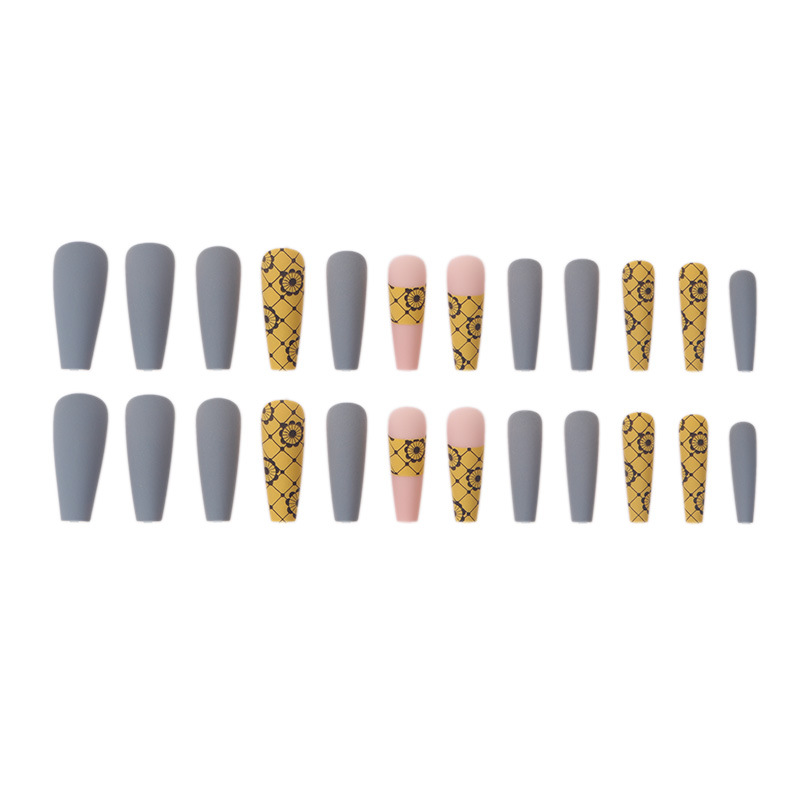 Ins style manicure hit color long ballet nail gray yellow flower wear nail scrub finished fake nails