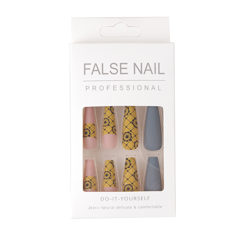Ins style manicure hit color long ballet nail gray yellow flower wear nail scrub finished fake nails