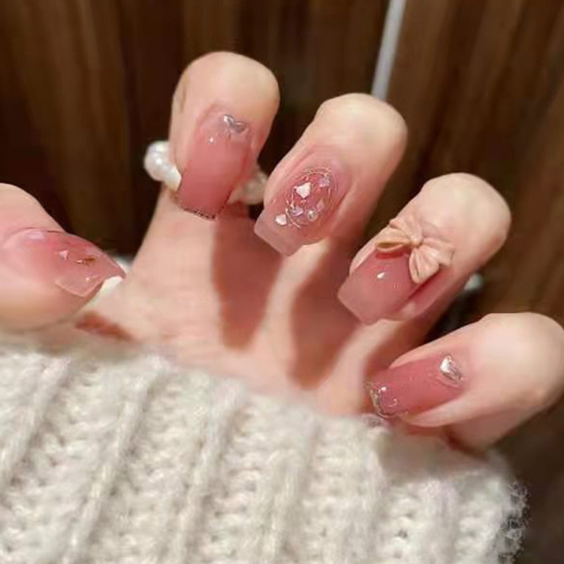 Short Nail Stickers Wearable Nail Patches Powder Transparent Love Bow Shiny
