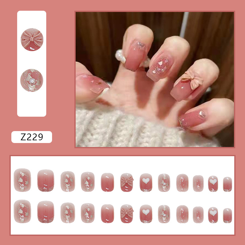 Short Nail Stickers Wearable Nail Patches Powder Transparent Love Bow Shiny