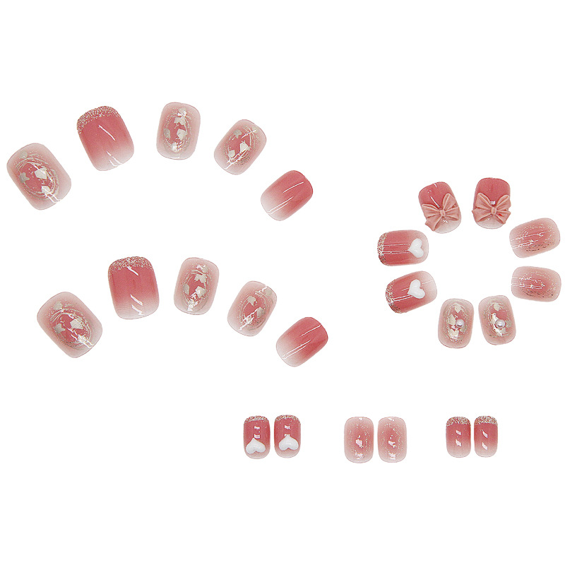 Short Nail Stickers Wearable Nail Patches Powder Transparent Love Bow Shiny