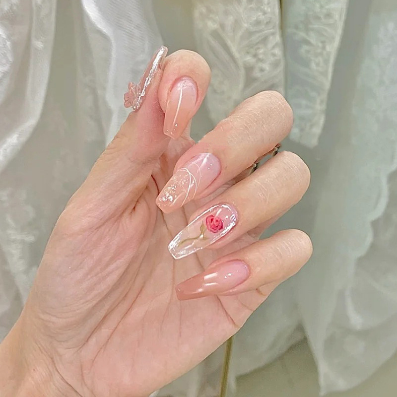 Watercolor rose long nail piece wearable nail sticker wearable fake nail detachable manicure