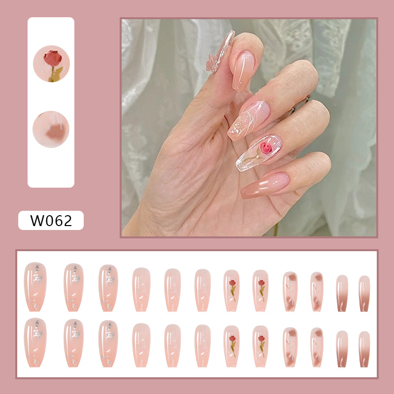 Watercolor rose long nail piece wearable nail sticker wearable fake nail detachable manicure