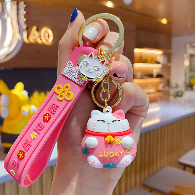 Cartoon Fortune Pink Lucky Cat Wish Fulfillment Keychain Fashion Couple Bag Pendant Keyring Cute Metal Cat Bell Key Chain Gifts
