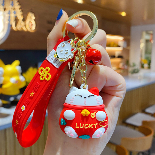 Cartoon Fortune Pink Lucky Cat Wish Fulfillment Keychain Fashion Couple Bag Pendant Keyring Cute Metal Cat Bell Key Chain Gifts