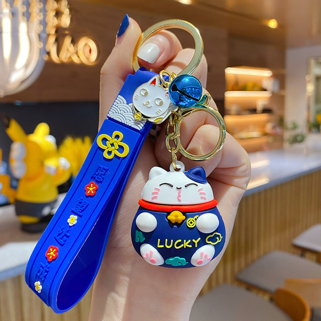 Cartoon Fortune Pink Lucky Cat Wish Fulfillment Keychain Fashion Couple Bag Pendant Keyring Cute Metal Cat Bell Key Chain Gifts