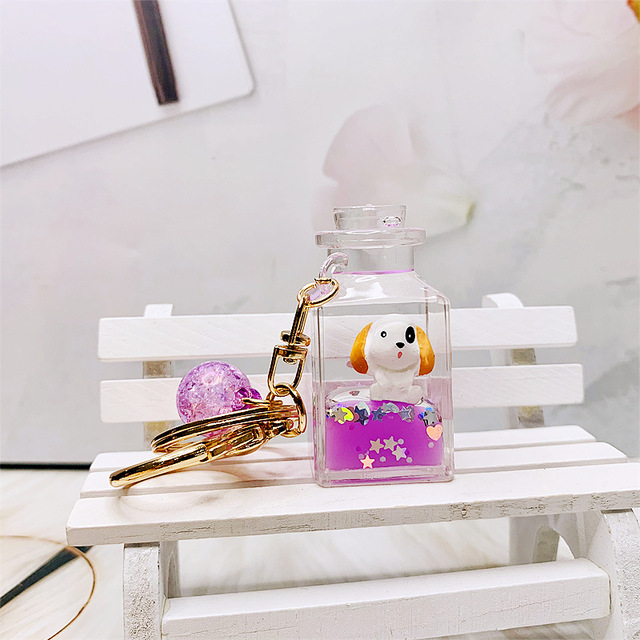 Creative Perfume Bottle Pug Floating Liquid Keychain For Women Bag Pendant Cartoon Quicksand Liquid Wishing Bottle Keyring Gifts