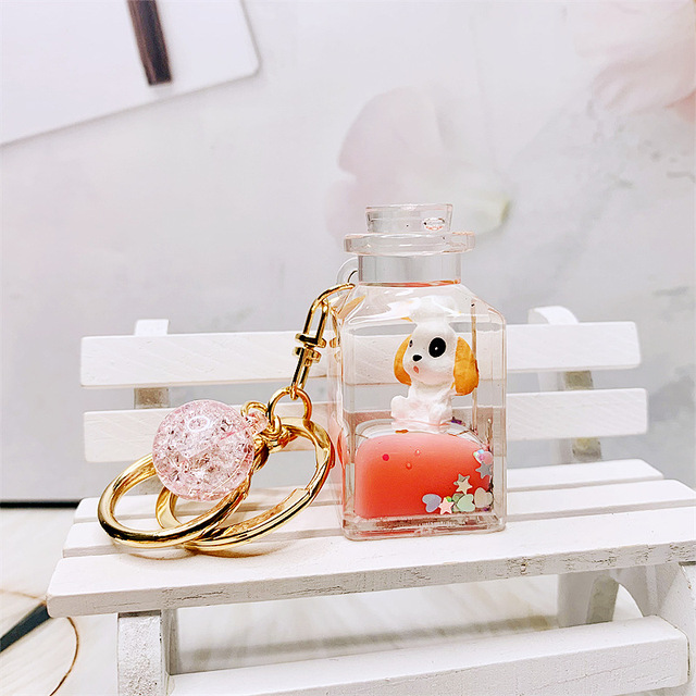 Creative Perfume Bottle Pug Floating Liquid Keychain For Women Bag Pendant Cartoon Quicksand Liquid Wishing Bottle Keyring Gifts