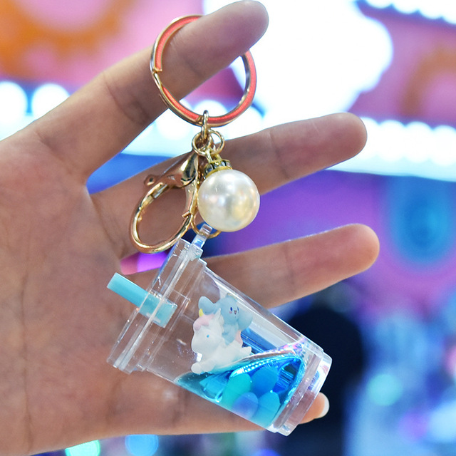Cute Acrylic Unicorn Floating Quicksand Liquid Keychain Cartoon Long-Eared Rabbit Doll Key Chain Women Bag Pendant Car Key Chain
