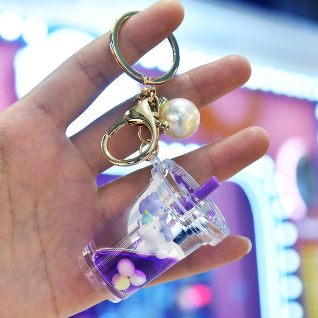 Cute Acrylic Unicorn Floating Quicksand Liquid Keychain Cartoon Long-Eared Rabbit Doll Key Chain Women Bag Pendant Car Key Chain