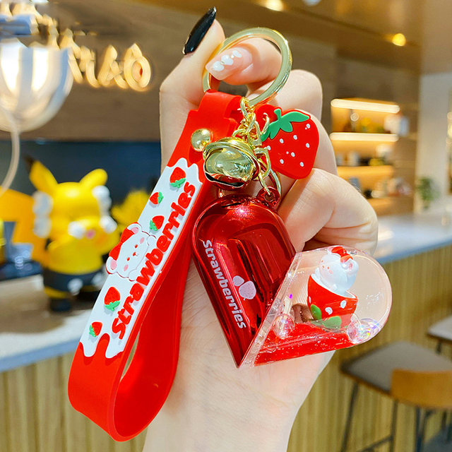 Creative Rotating Love Capsule Floating Liquid White Bear Key Chain Cute Strawberry Fruit Animal Keychain Bag Pendant Girl Gift
