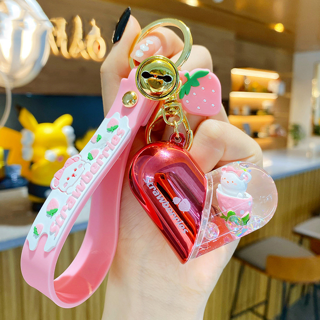 Creative Rotating Love Capsule Floating Liquid White Bear Key Chain Cute Strawberry Fruit Animal Keychain Bag Pendant Girl Gift
