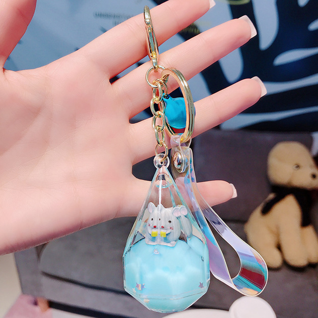Cartoon Floating Conical Water Drop Mouse Animal Liquid Keychain Pendant Cute Quicksand Drift Bottle Keyring Girl Bag Charm Gift