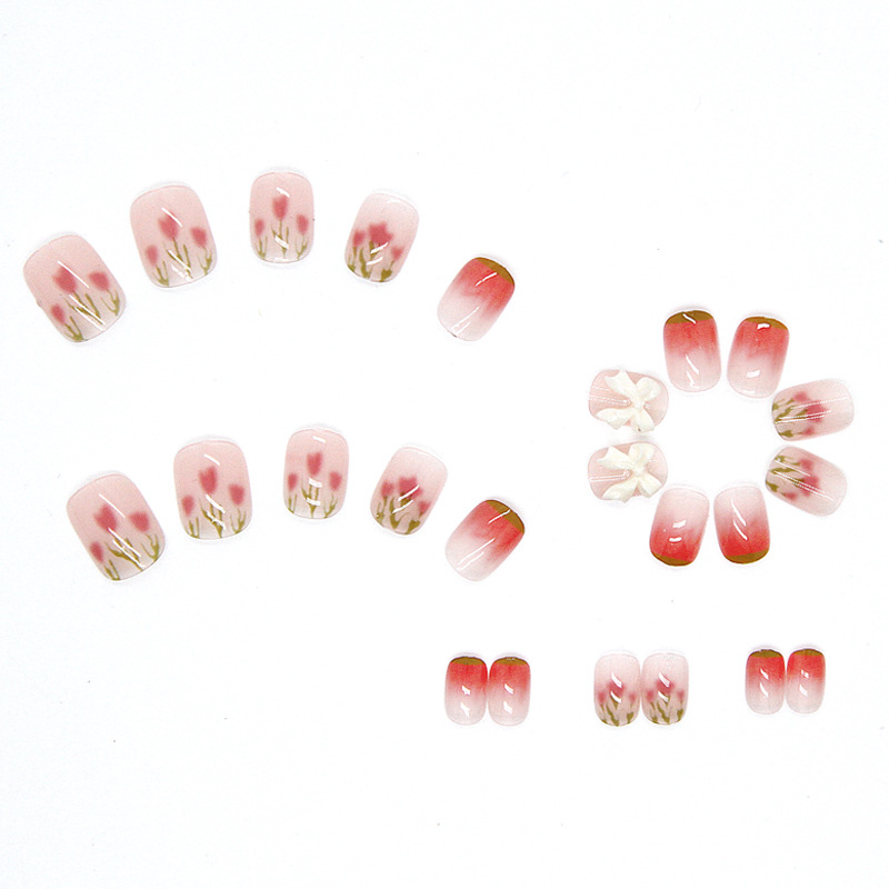 24 pieces of fake nails wearing a fresh powder green bow box