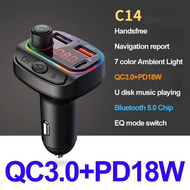 Handsfree U Disk Music Play Bluetooth 5.0 FM Transmitter Car MP3 Player Dual USB PD18W+QC3.0 Fast Charger One Key Bass