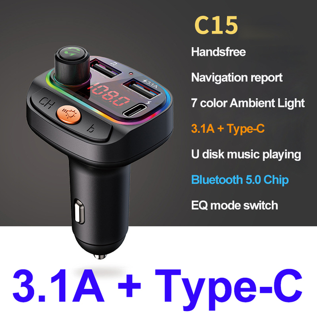 Handsfree U Disk Music Play Bluetooth 5.0 FM Transmitter Car MP3 Player Dual USB PD18W+QC3.0 Fast Charger One Key Bass