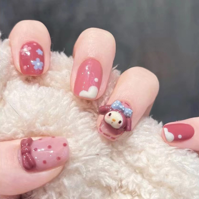 Fake nails detachable manicure finished polka dot fawn short red bow waterproof nail