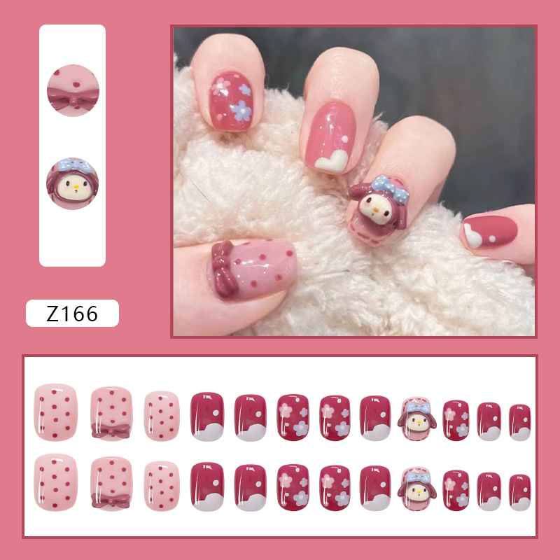 Fake nails detachable manicure finished polka dot fawn short red bow waterproof nail